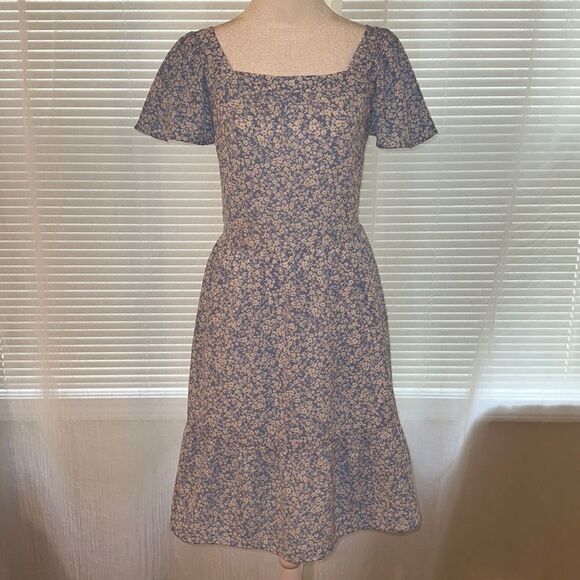 monteau S Blue White Gold Ditsy Floral Flutter Short Sleeve Tiered Midi Dress - Picture 1 of 12